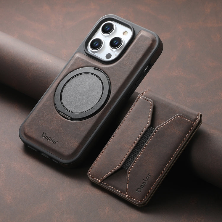 For iPhone 15 Denior D18 Skin Feel Rotating Holder MagSafe Detachable Card Slot Phone Case(Brown)