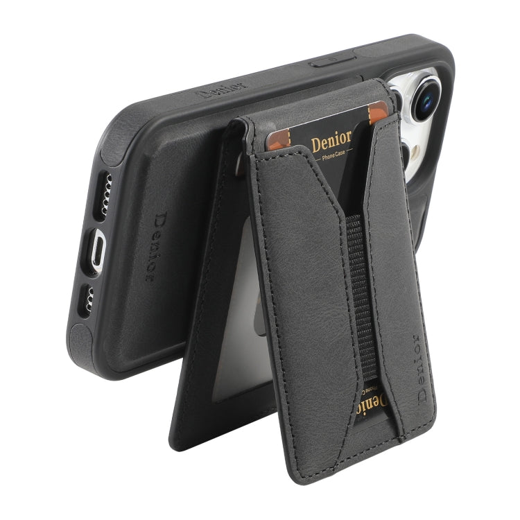 For iPhone 15 Plus / 14 Plus Denior D18 Skin Feel Rotating Holder MagSafe Detachable Card Slot Phone Case(Black)