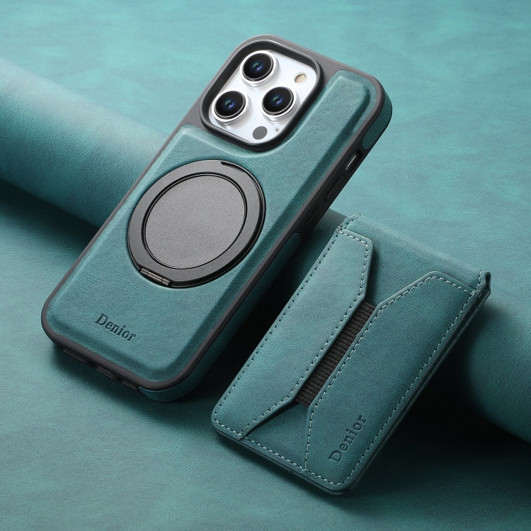 For iPhone 15 Pro Max Denior D18 Skin Feel Rotating Holder MagSafe Detachable Card Slot Phone Case(Blue)