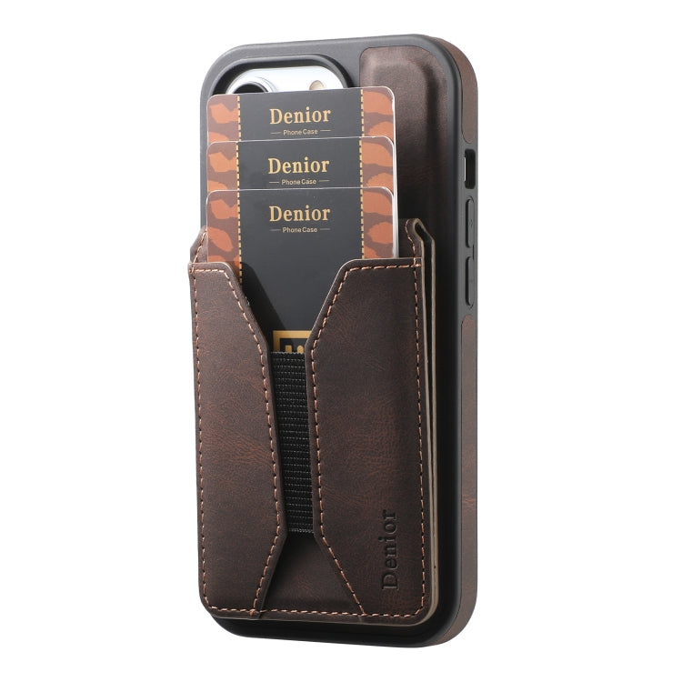 For iPhone 15 Pro Max Denior D18 Skin Feel Rotating Holder MagSafe Detachable Card Slot Phone Case(Brown)