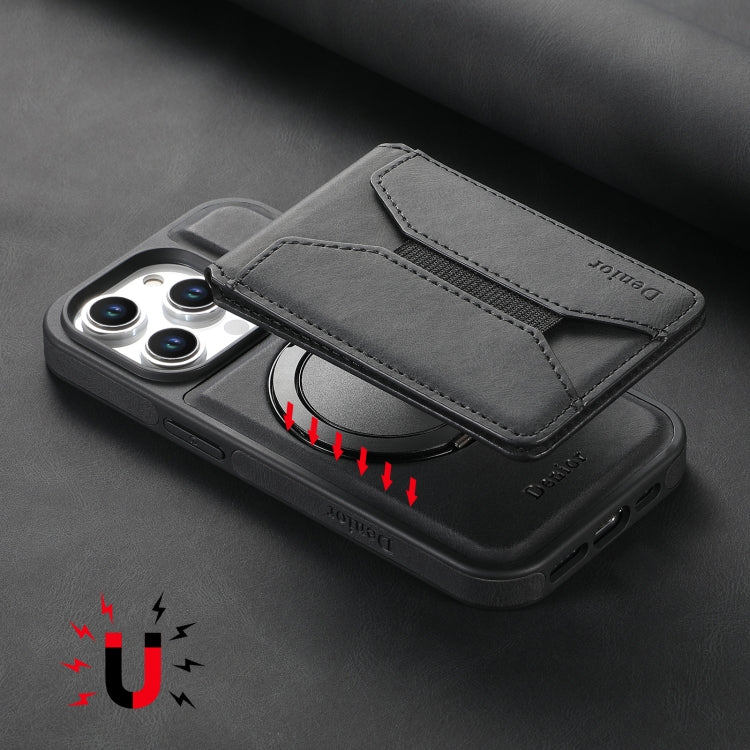For iPhone 15 Pro Max Denior D18 Skin Feel Rotating Holder MagSafe Detachable Card Slot Phone Case(Black)