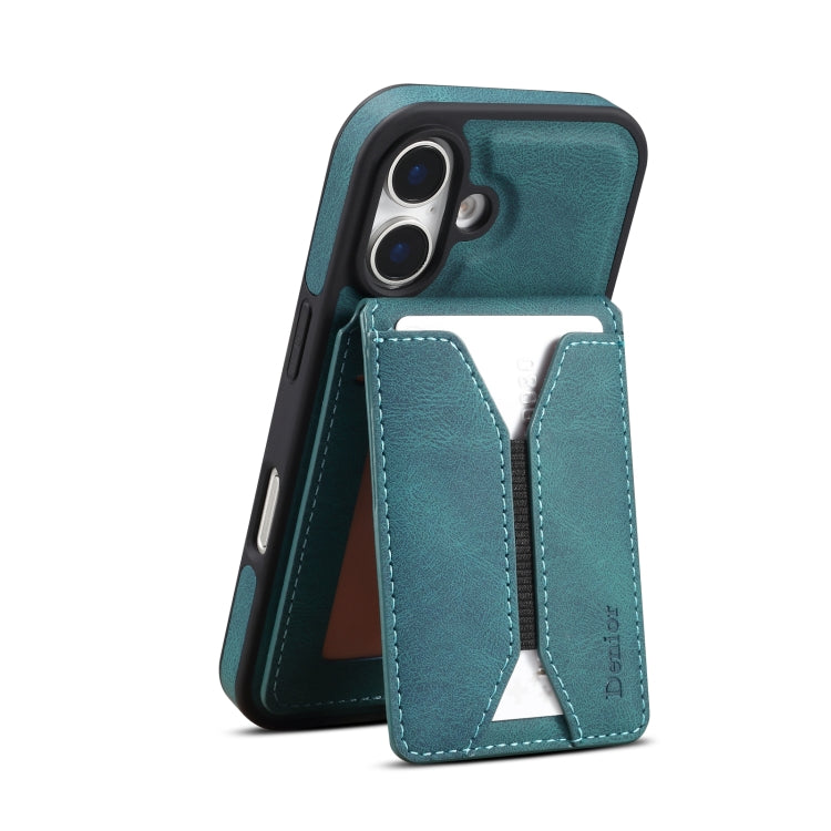 For iPhone 16 Plus Denior D18 Skin Feel Rotating Holder MagSafe Detachable Card Slot Phone Case(Blue)