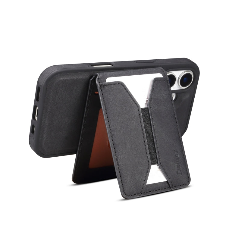 For iPhone 16 Plus Denior D18 Skin Feel Rotating Holder MagSafe Detachable Card Slot Phone Case(Black)