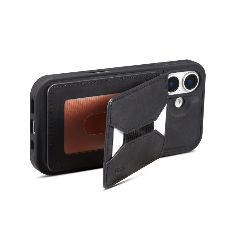 For iPhone 16 Plus Denior D18 Skin Feel Rotating Holder MagSafe Detachable Card Slot Phone Case(Black)