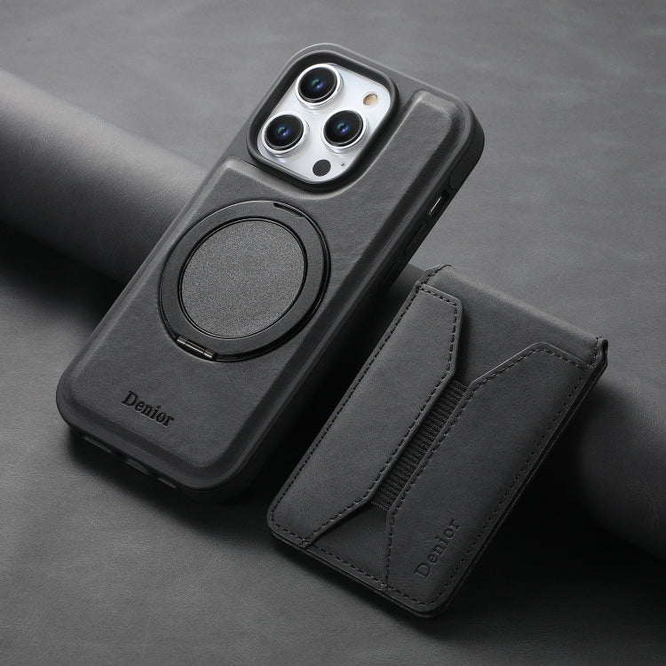 For iPhone 16 Pro Denior D18 Skin Feel Rotating Holder MagSafe Detachable Card Slot Phone Case(Black)