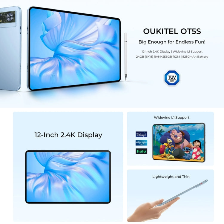 [HK Warehouse] OUKITEL OT5S Tablet PC 12 inch 2.4K Screen, 6GB+256GB, Android 14 Unisoc Tiger T606 Octa Core, Support Dual SIM 4G Network, EU Plug(Blue)