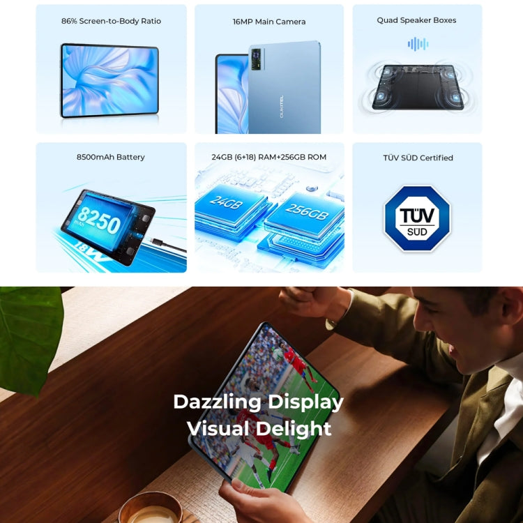 [HK Warehouse] OUKITEL OT5S Tablet PC 12 inch 2.4K Screen, 6GB+256GB, Android 14 Unisoc Tiger T606 Octa Core, Support Dual SIM 4G Network, EU Plug(Blue)