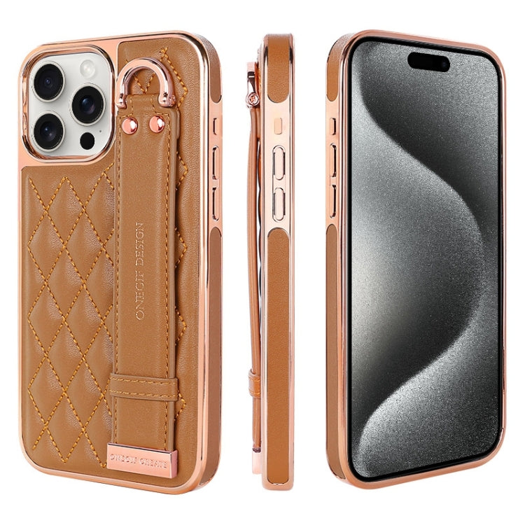 For iPhone 15 Pro VIETAO Rhombic Texture Wristband PU Phone Case(Brown)