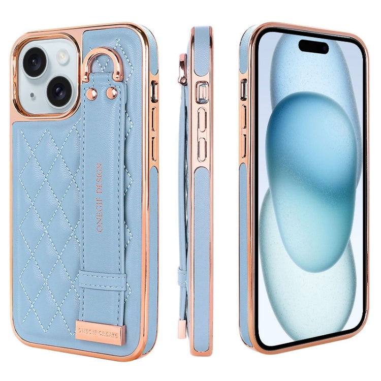 For iPhone 15 Plus VIETAO Rhombic Texture Wristband PU Phone Case(Blue)