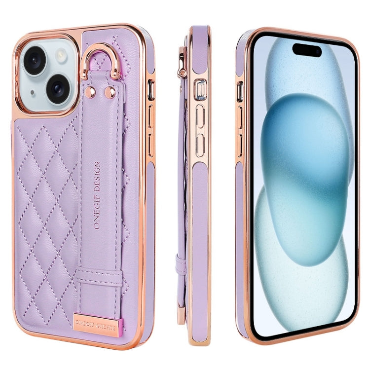 For iPhone 15 Plus VIETAO Rhombic Texture Wristband PU Phone Case(Purple)