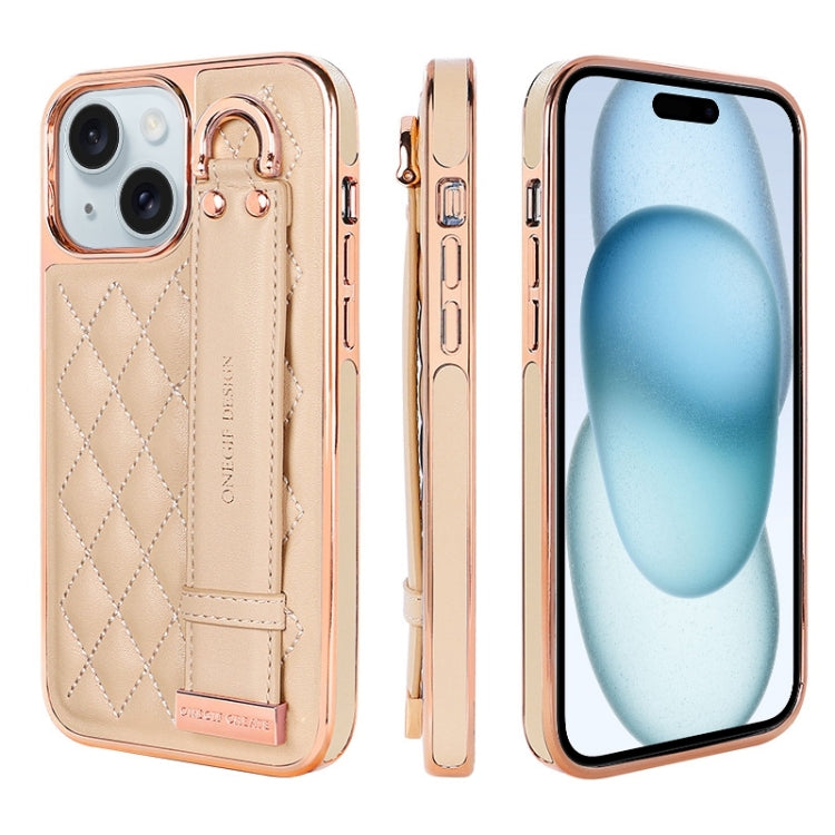 For iPhone 15 Plus VIETAO Rhombic Texture Wristband PU Phone Case(Pink)
