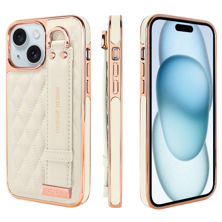 For iPhone 15 VIETAO Rhombic Texture Wristband PU Phone Case(White)