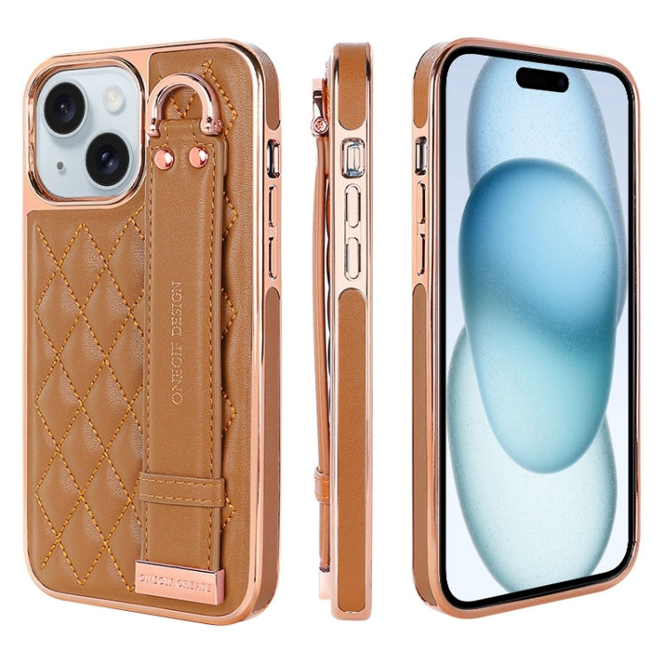 For iPhone 15 VIETAO Rhombic Texture Wristband PU Phone Case(Brown)