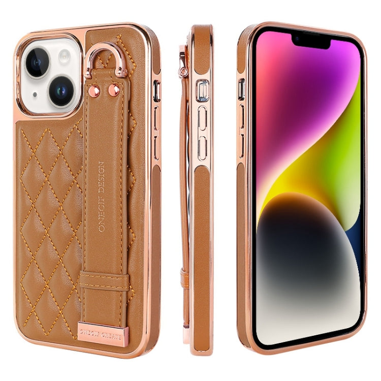 For iPhone 14 VIETAO Rhombic Texture Wristband PU Phone Case(Brown)