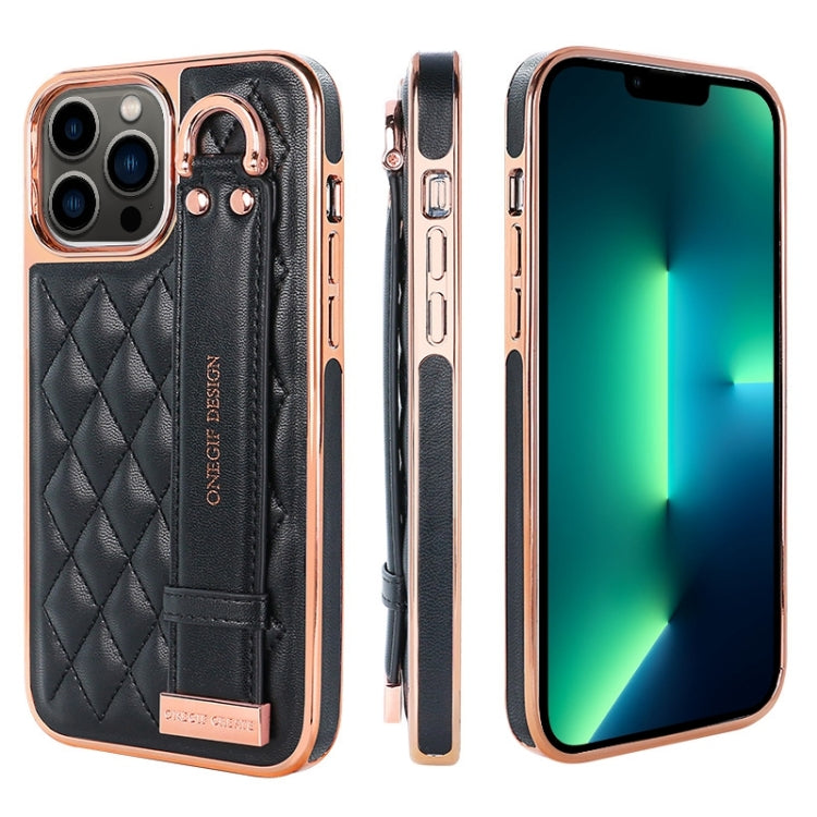 For iPhone 13 Pro Max VIETAO Rhombic Texture Wristband PU Phone Case(Black)