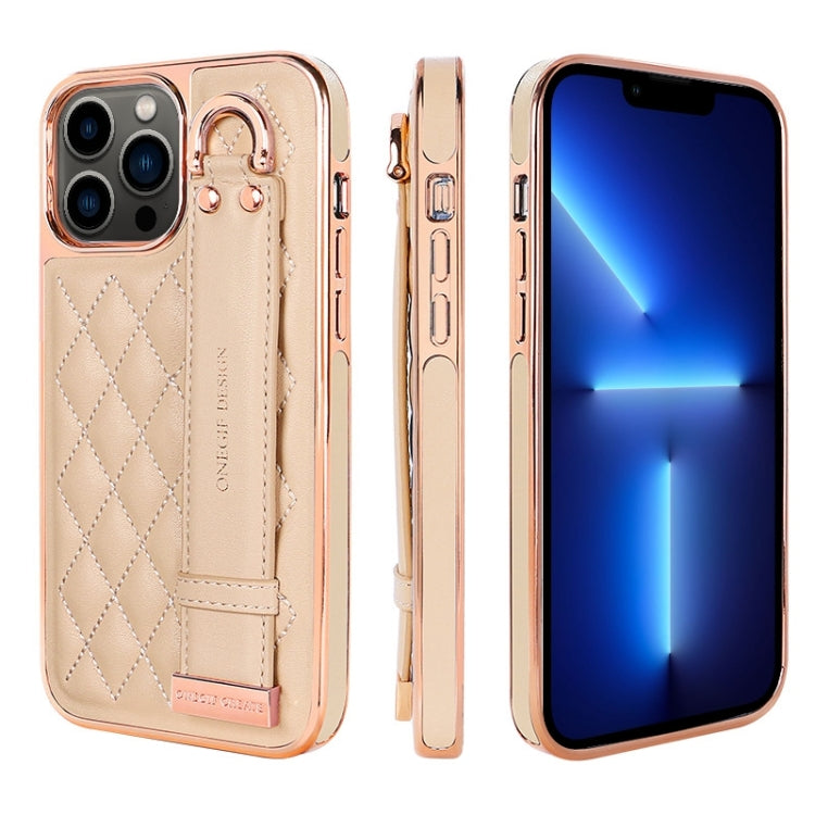 For iPhone 13 Pro VIETAO Rhombic Texture Wristband PU Phone Case(Pink)