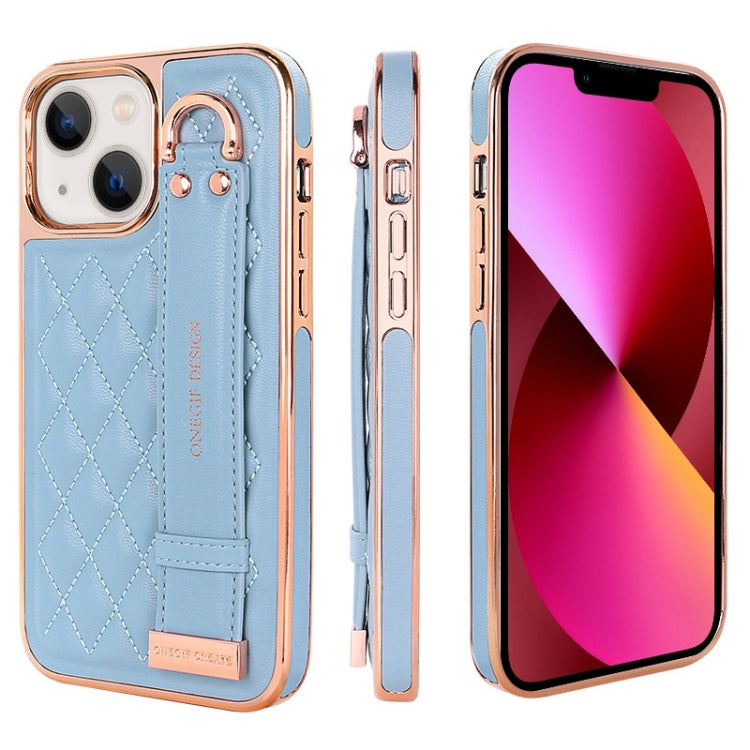 For iPhone 13 VIETAO Rhombic Texture Wristband PU Phone Case(Blue)