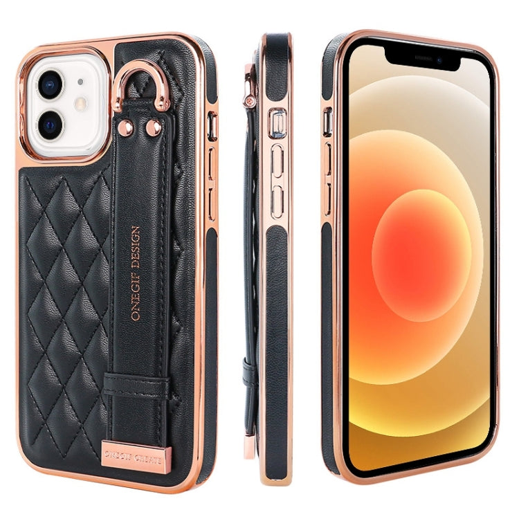 For iPhone 12 / 12 Pro VIETAO Rhombic Texture Wristband PU Phone Case(Black)