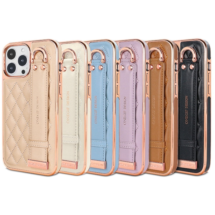 For iPhone 15 Pro VIETAO Rhombic Texture Wristband PU Phone Case(Brown)