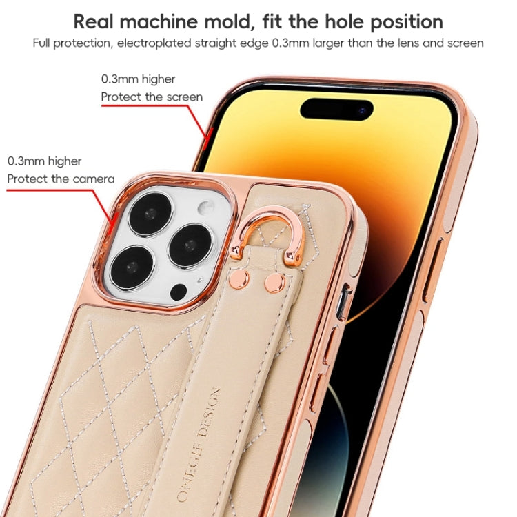 For iPhone 15 Pro Max VIETAO Rhombic Texture Wristband PU Phone Case(Brown)