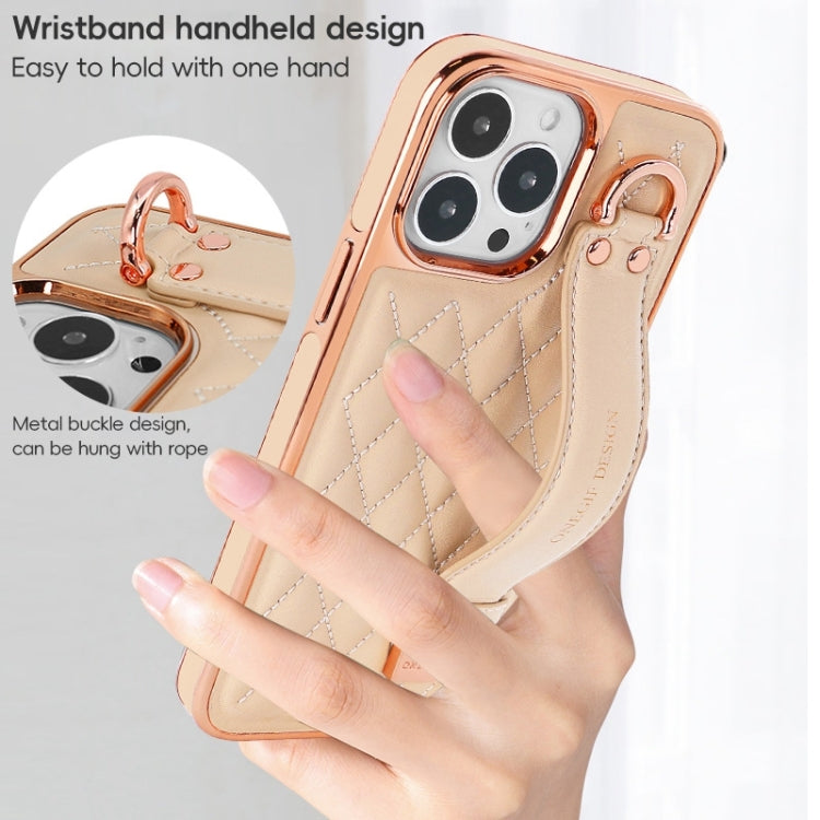 For iPhone 15 Pro VIETAO Rhombic Texture Wristband PU Phone Case(Pink)
