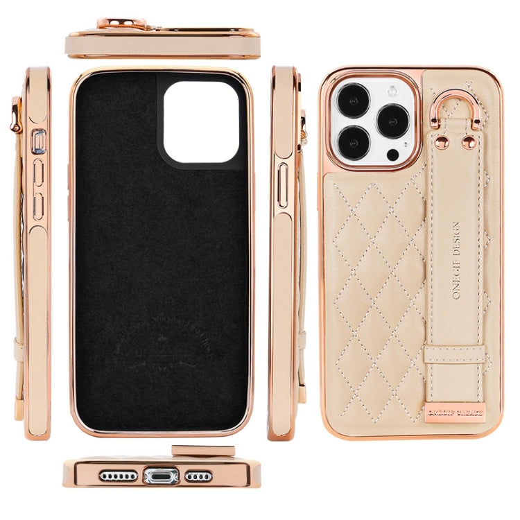 For iPhone 14 Pro Max VIETAO Rhombic Texture Wristband PU Phone Case(Brown)