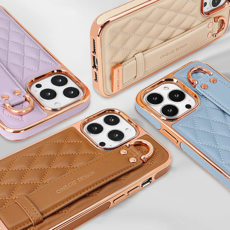 For iPhone 14 Pro Max VIETAO Rhombic Texture Wristband PU Phone Case(Brown)