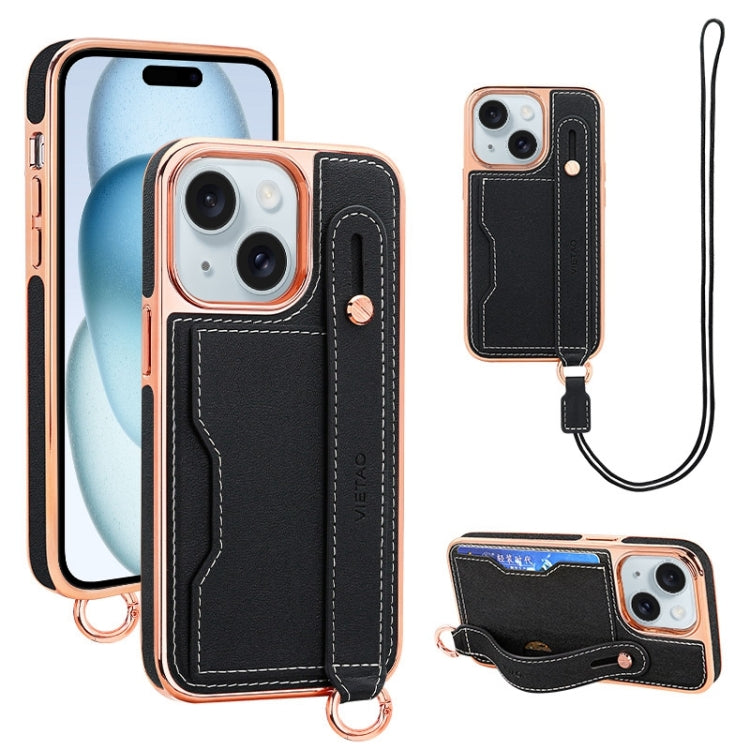 For iPhone 15 Plus VIETAO Card Slot Wristband Phone Case with Lanyard(Black)
