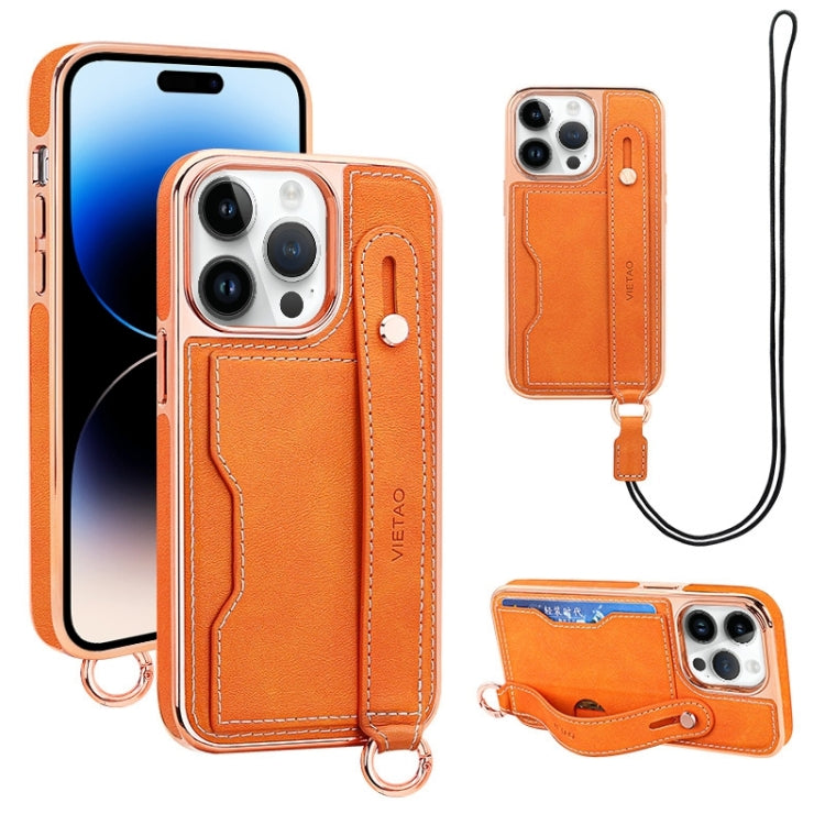 For iPhone 14 Pro Max VIETAO Card Slot Wristband Phone Case with Lanyard(Orange)