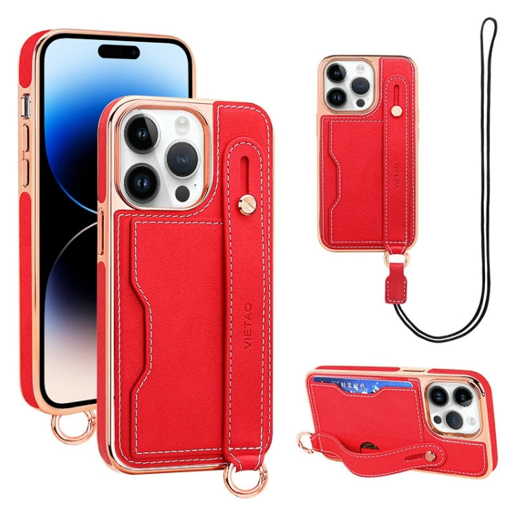 For iPhone 14 Pro Max VIETAO Card Slot Wristband Phone Case with Lanyard(Red)