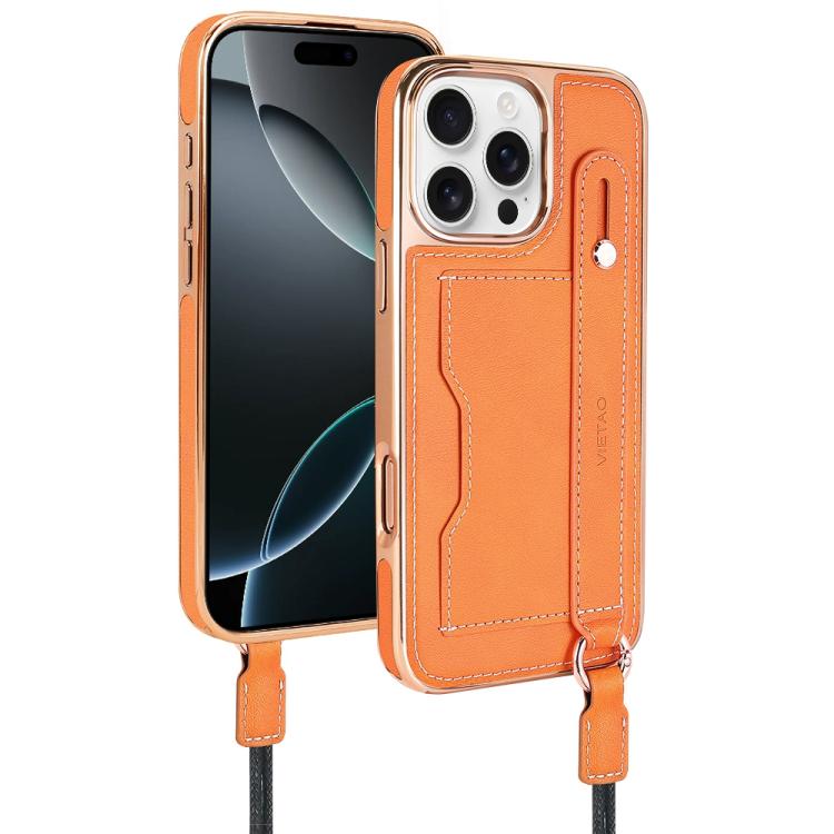 For iPhone 16 Pro Max VIETAO Card Slot Wristband Phone Case with Lanyard(Orange)