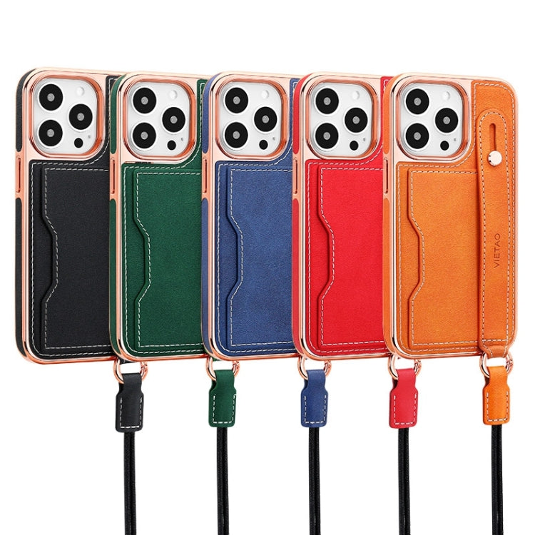 For iPhone 13 Pro Max VIETAO Card Slot Wristband Phone Case with Lanyard(Red)