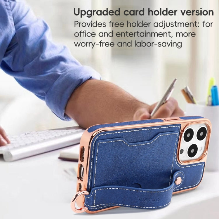 For iPhone 15 Plus VIETAO Card Slot Wristband Phone Case with Lanyard(Blue)