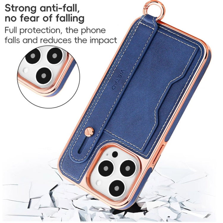 For iPhone 13 Pro VIETAO Card Slot Wristband Phone Case with Lanyard(Blue)