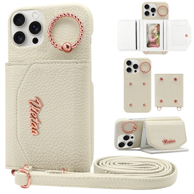 For iPhone 15 Pro Max VIETAO Ring Holder Card Bag Phone Case with Lanyard(White)