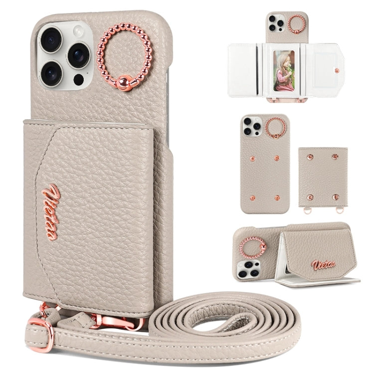 For iPhone 15 Pro VIETAO Ring Holder Card Bag Phone Case with Lanyard(Grey)