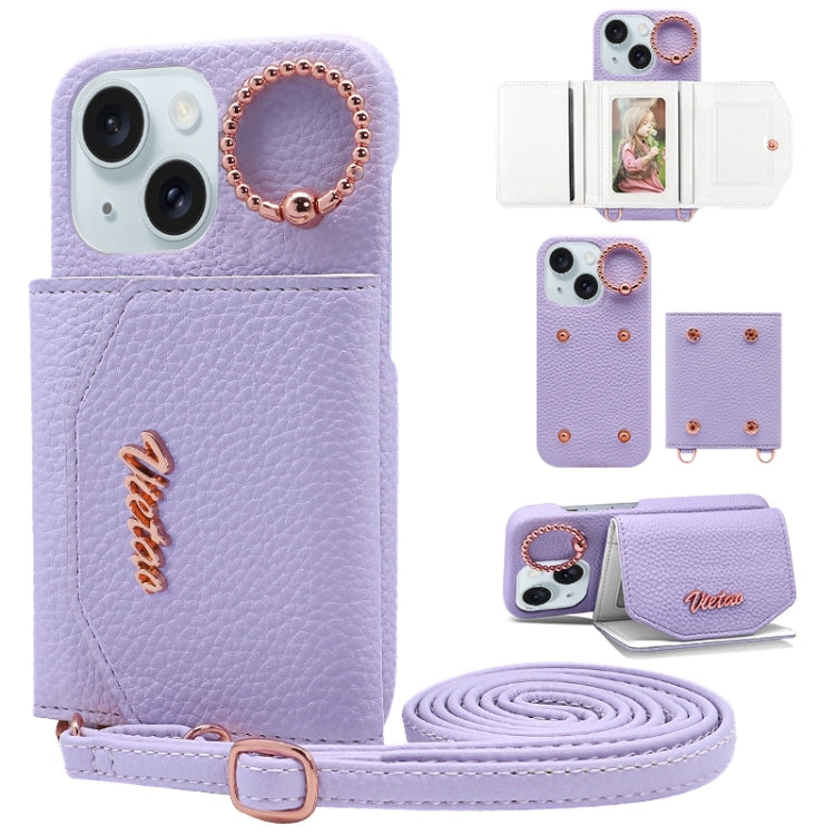 For iPhone 15 Plus VIETAO Ring Holder Card Bag Phone Case with Lanyard(Purple)