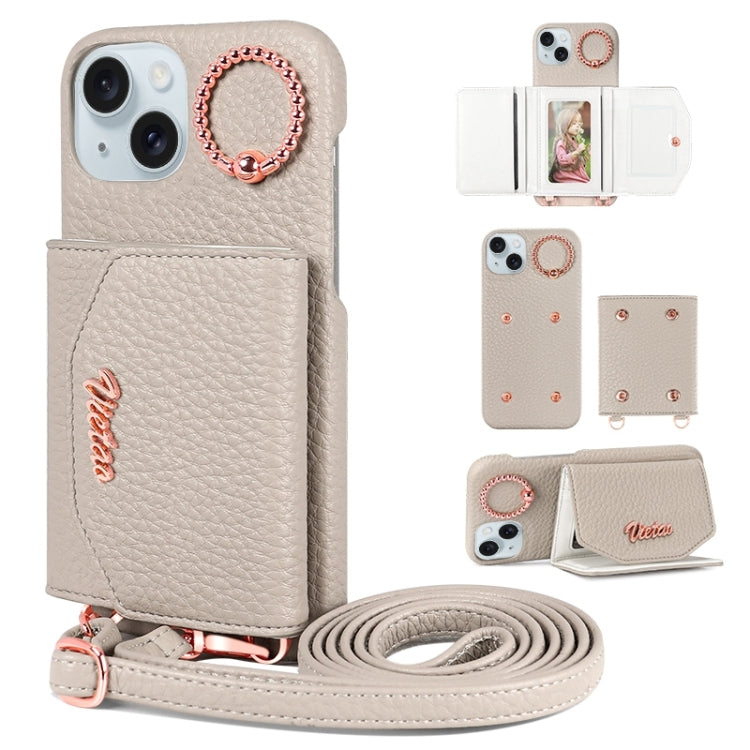 For iPhone 15 VIETAO Ring Holder Card Bag Phone Case with Lanyard(Grey)