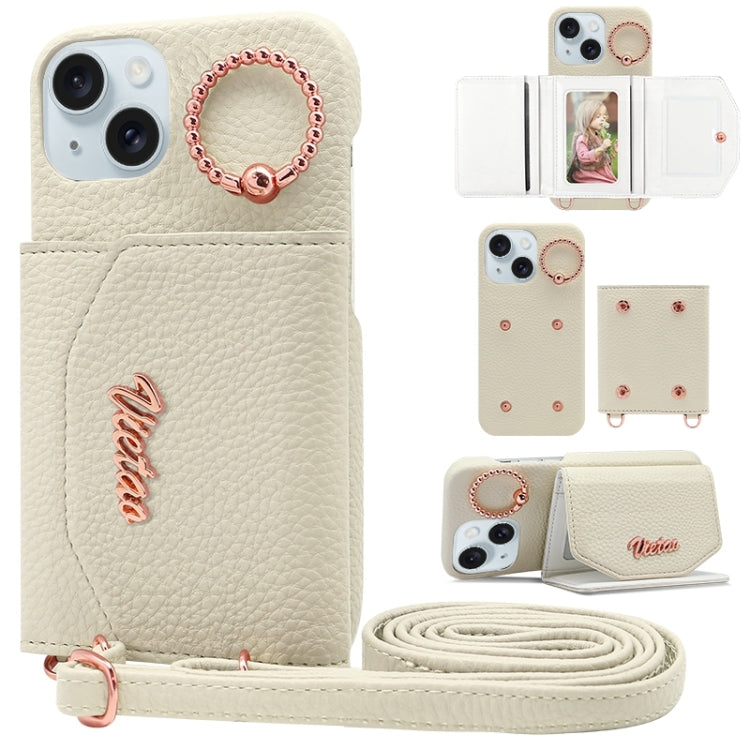 For iPhone 15 VIETAO Ring Holder Card Bag Phone Case with Lanyard(White)