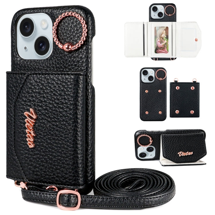 For iPhone 14 VIETAO Ring Holder Card Bag Phone Case with Lanyard(Black)