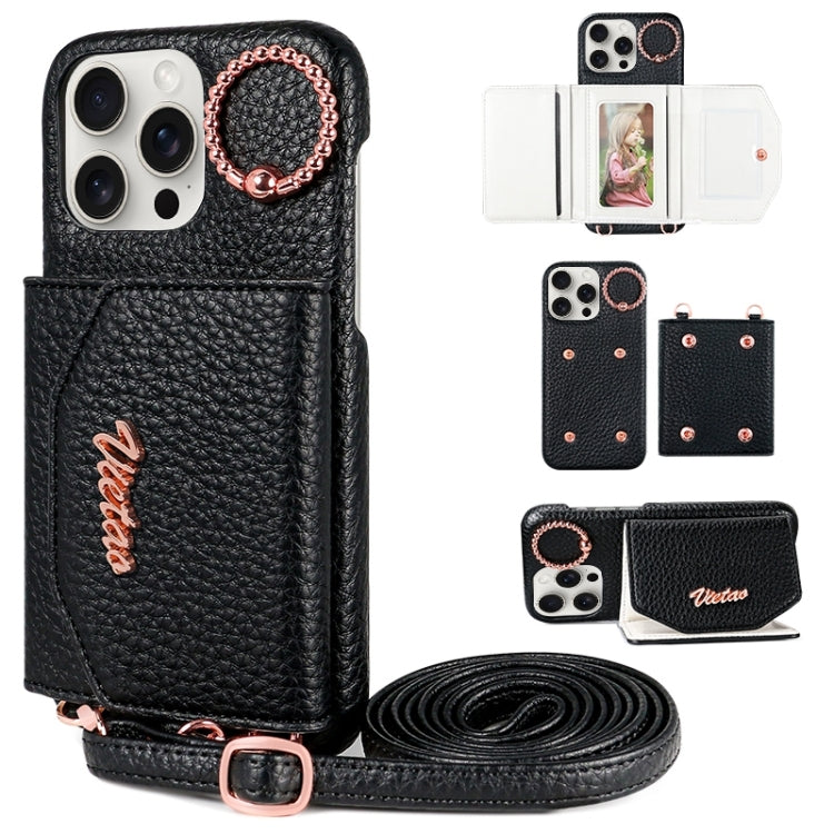 For iPhone 13 Pro Max VIETAO Ring Holder Card Bag Phone Case with Lanyard(Black)