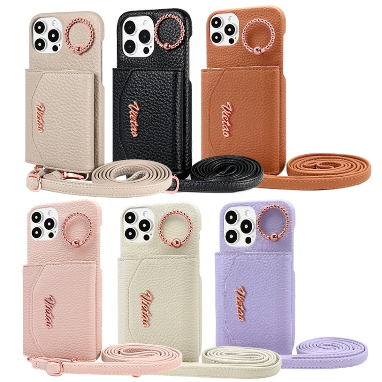 For iPhone 14 Pro VIETAO Ring Holder Card Bag Phone Case with Lanyard(Brown)