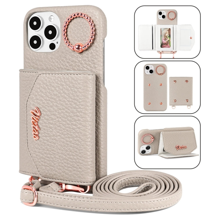 For iPhone 13 Pro Max VIETAO Ring Holder Card Bag Phone Case with Lanyard(Pink)