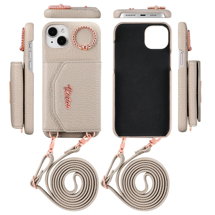 For iPhone 14 Pro Max VIETAO Ring Holder Card Bag Phone Case with Lanyard(Brown)