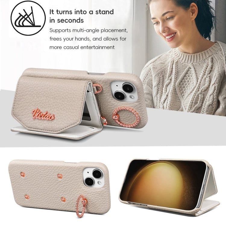 For iPhone 13 VIETAO Ring Holder Card Bag Phone Case with Lanyard(White)