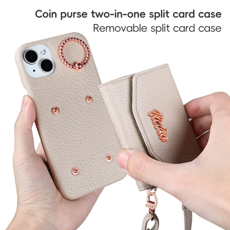 For iPhone 15 Plus VIETAO Ring Holder Card Bag Phone Case with Lanyard(Purple)