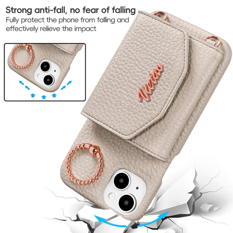For iPhone 14 Pro VIETAO Ring Holder Card Bag Phone Case with Lanyard(Brown)