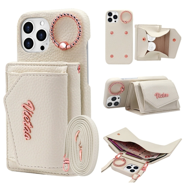 For iPhone 15 Pro VIETAO Ring Holder Wallet PU Phone Case with Lanyard(White)