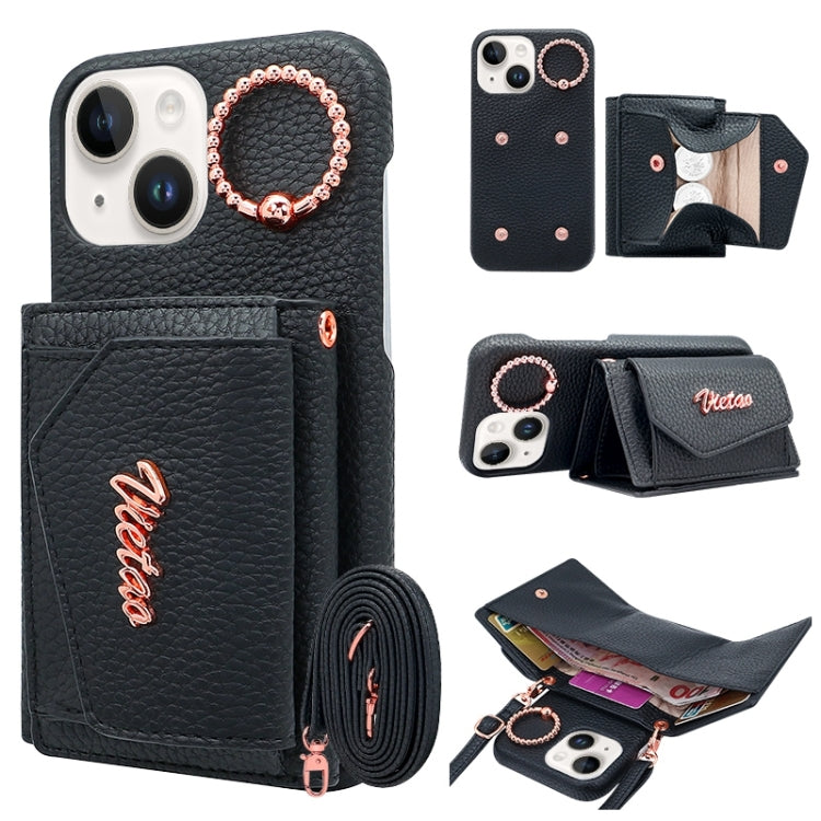 For iPhone 15 Plus VIETAO Ring Holder Wallet PU Phone Case with Lanyard(Black)