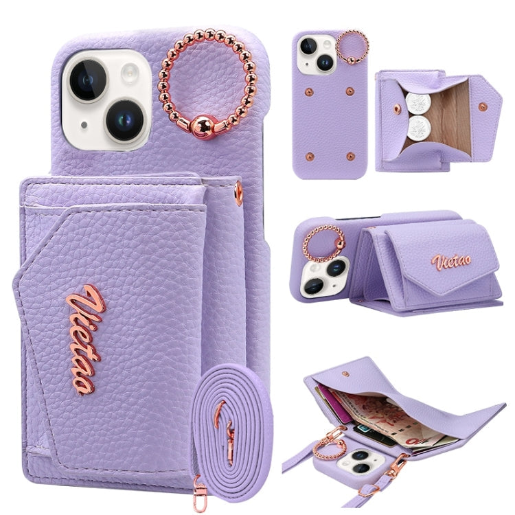 For iPhone 15 VIETAO Ring Holder Wallet PU Phone Case with Lanyard(Purple)
